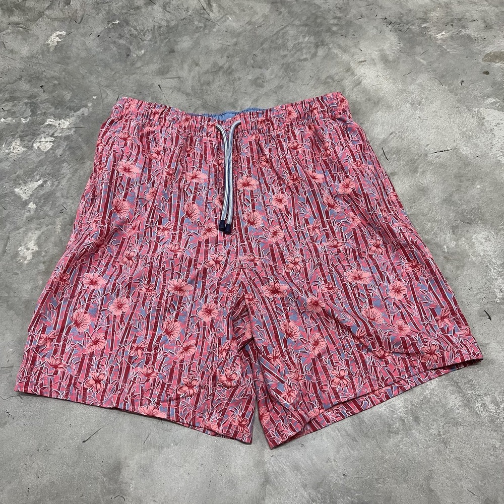 Peter Millar Crown Swim Trunks Shorts Mens Medium Red Pink Floral Lined Pockets